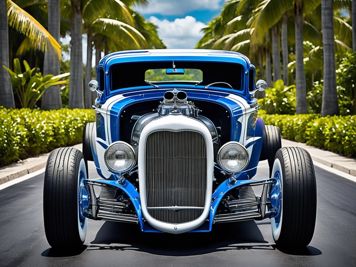Vintage Hot Rod with Blue and White Exterior Displayed