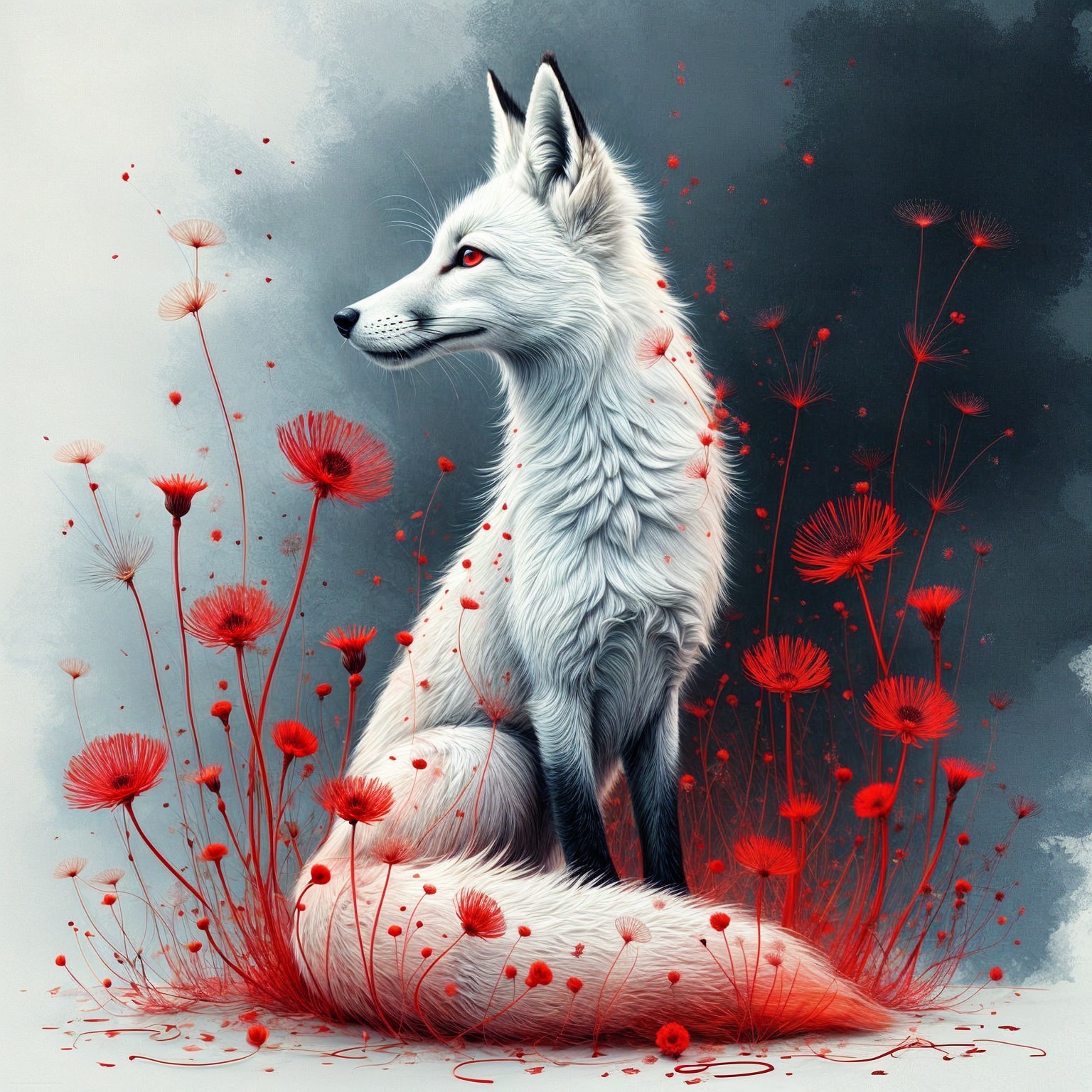 White Fox in Field of Red Flowers with Soft Background