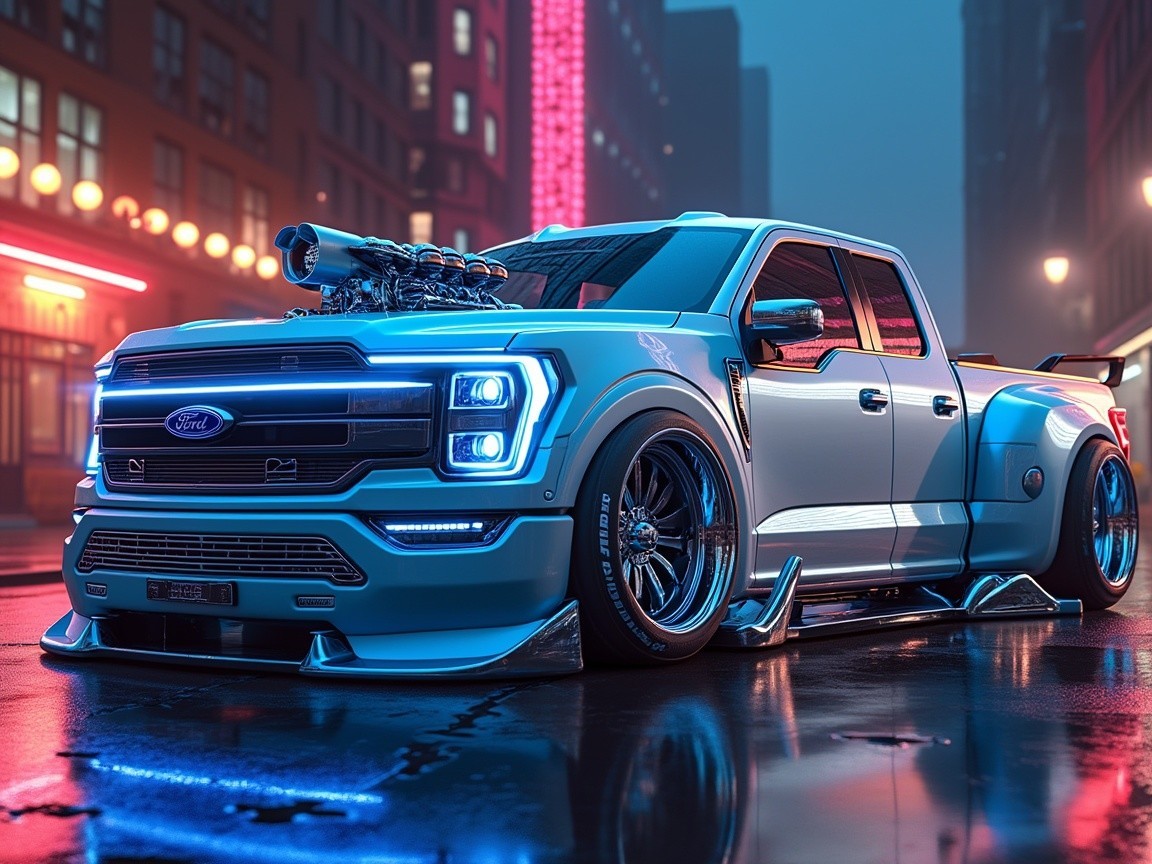 Modified Ford Truck in Neon Urban Setting