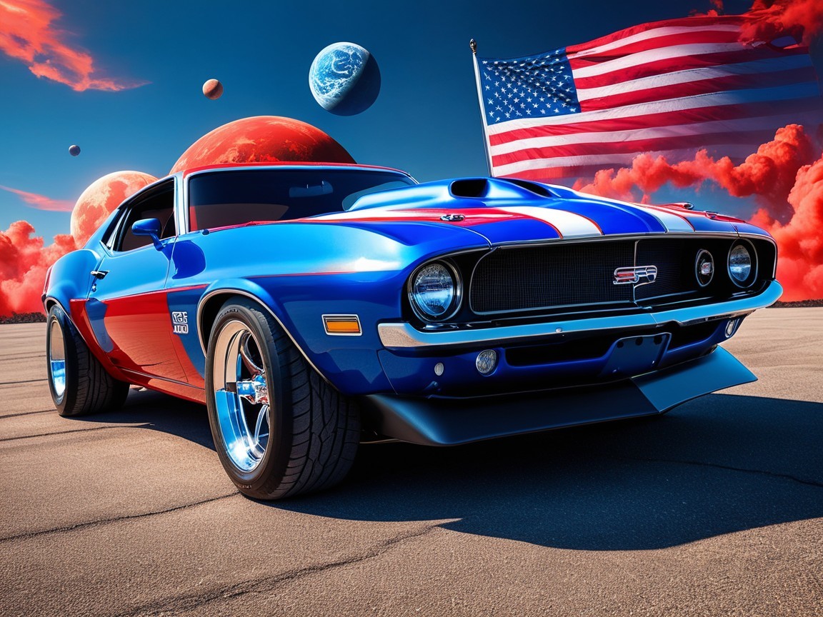 Blue and red muscle car in futuristic landscape
