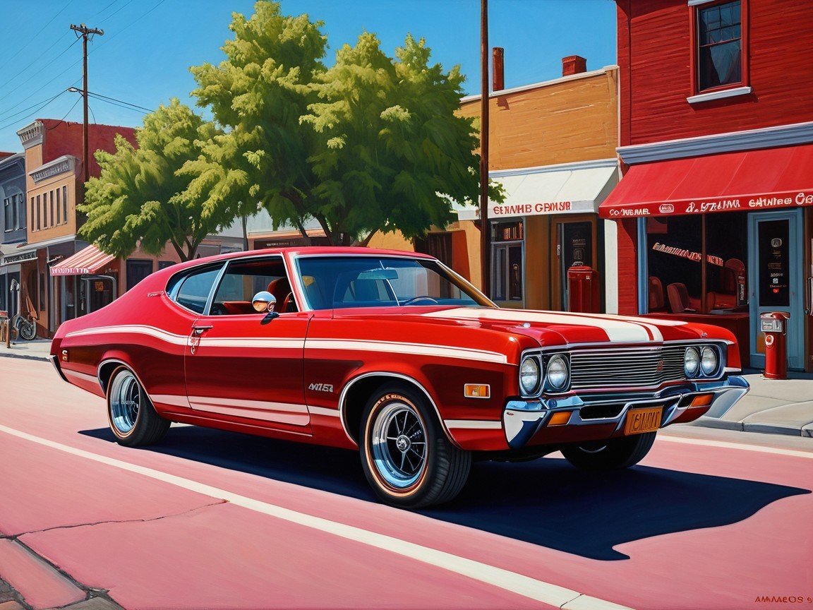 Vibrant Red Classic Car on Sunny Street Scene