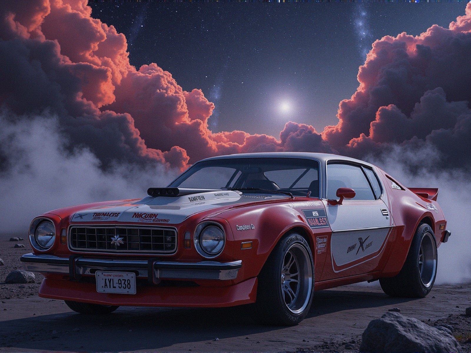 Vintage Red and White Race Car on Rugged Terrain