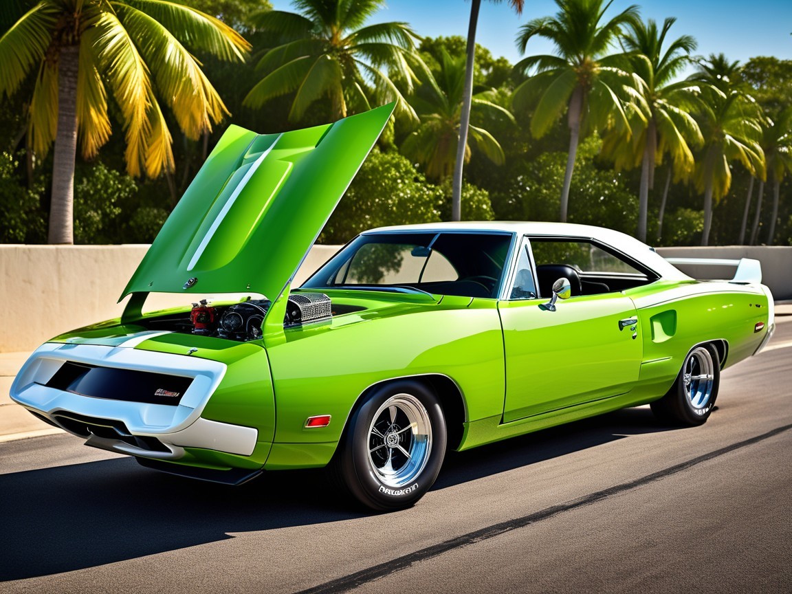 Classic Green Muscle Car on Tropical Street