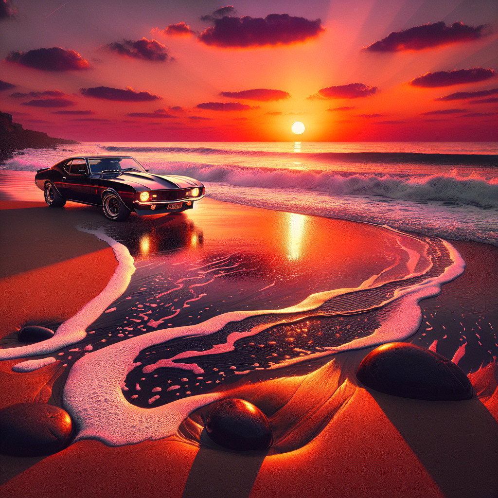 Classic Black Car on Beach at Sunset with Waves