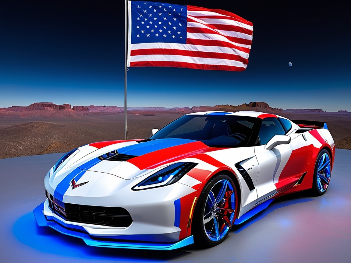 Modern sports car in futuristic desert with flag