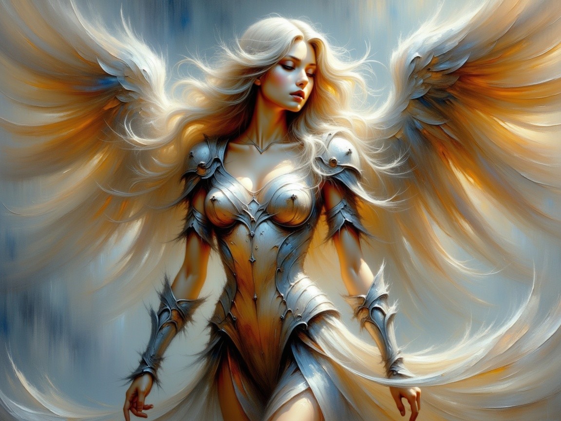 Majestic Angelic Figure with Silver Armor and Wings