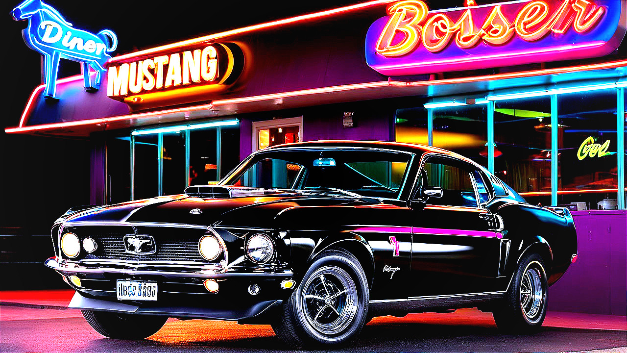 1968 Ford Mustang in Front of Retro Diner with Neon Lights