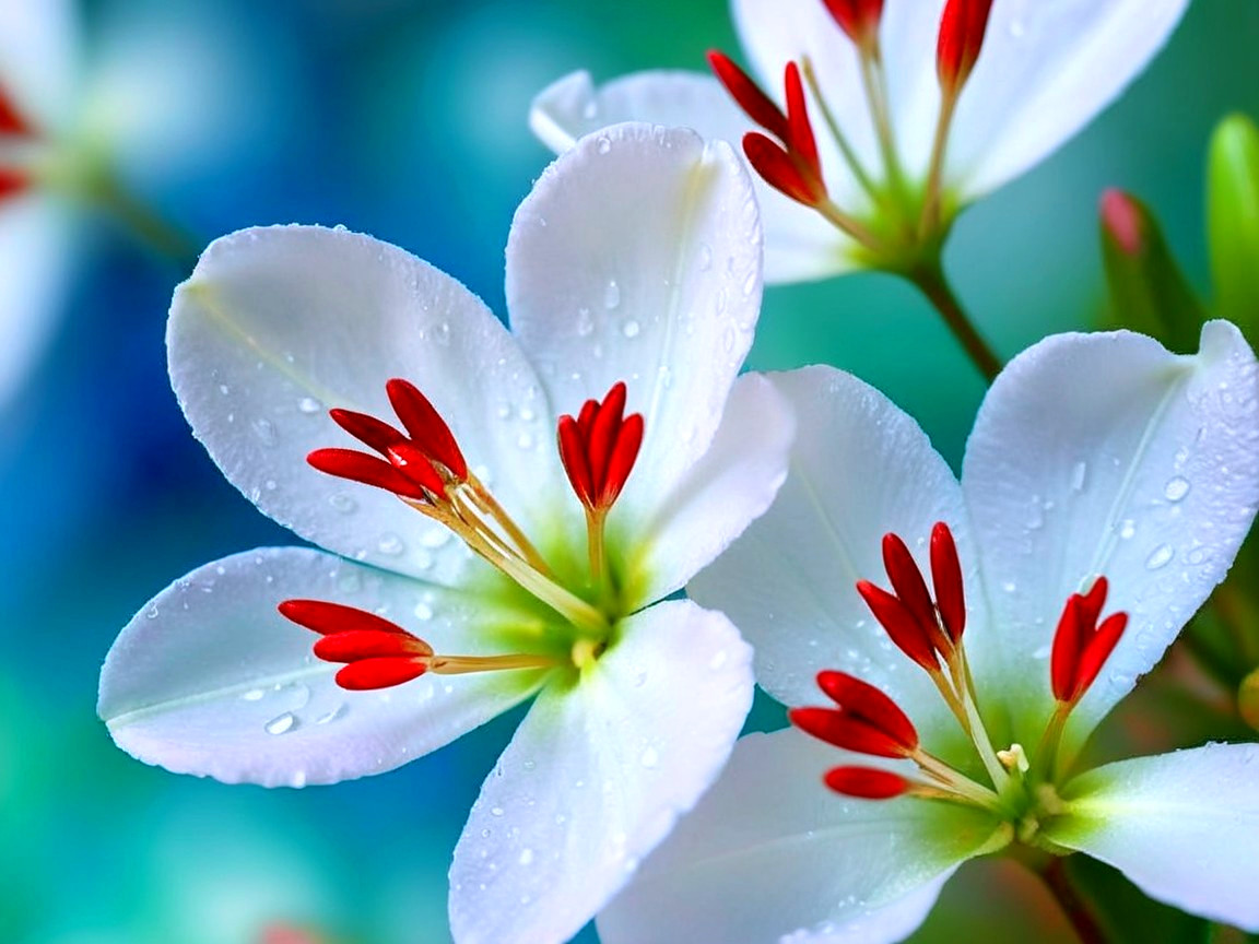 Delicate white flowers with red anthers and water droplets