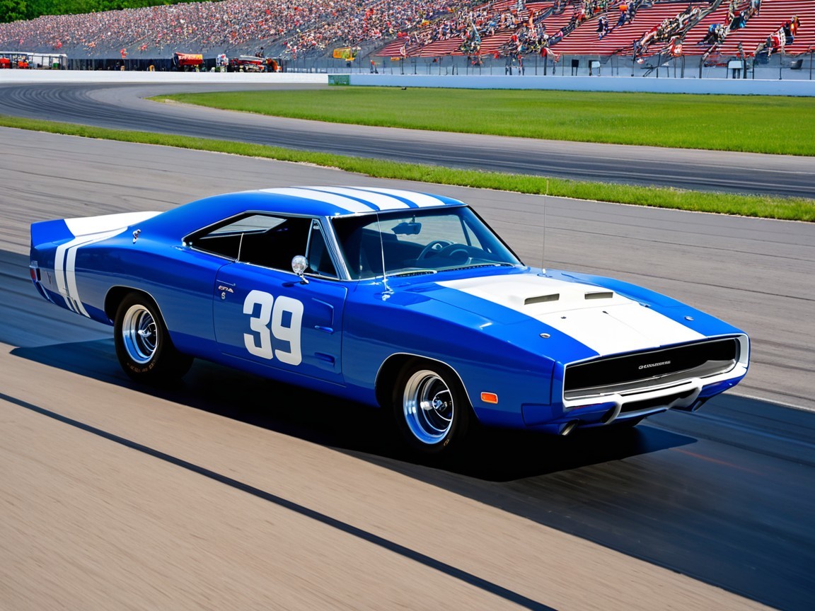 Classic Blue Muscle Car with Racing Stripes at Racetrack