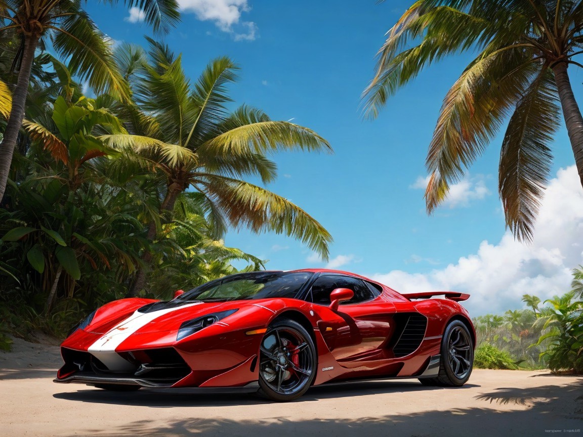 Red Sports Car on Beach with Palm Trees and Blue Sky