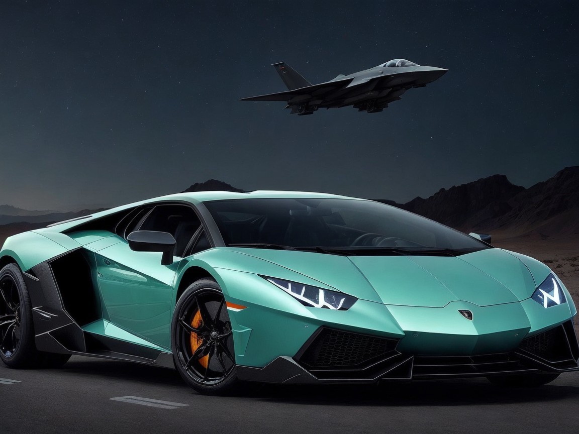Teal Lamborghini Aventador in Desert with Fighter Jet