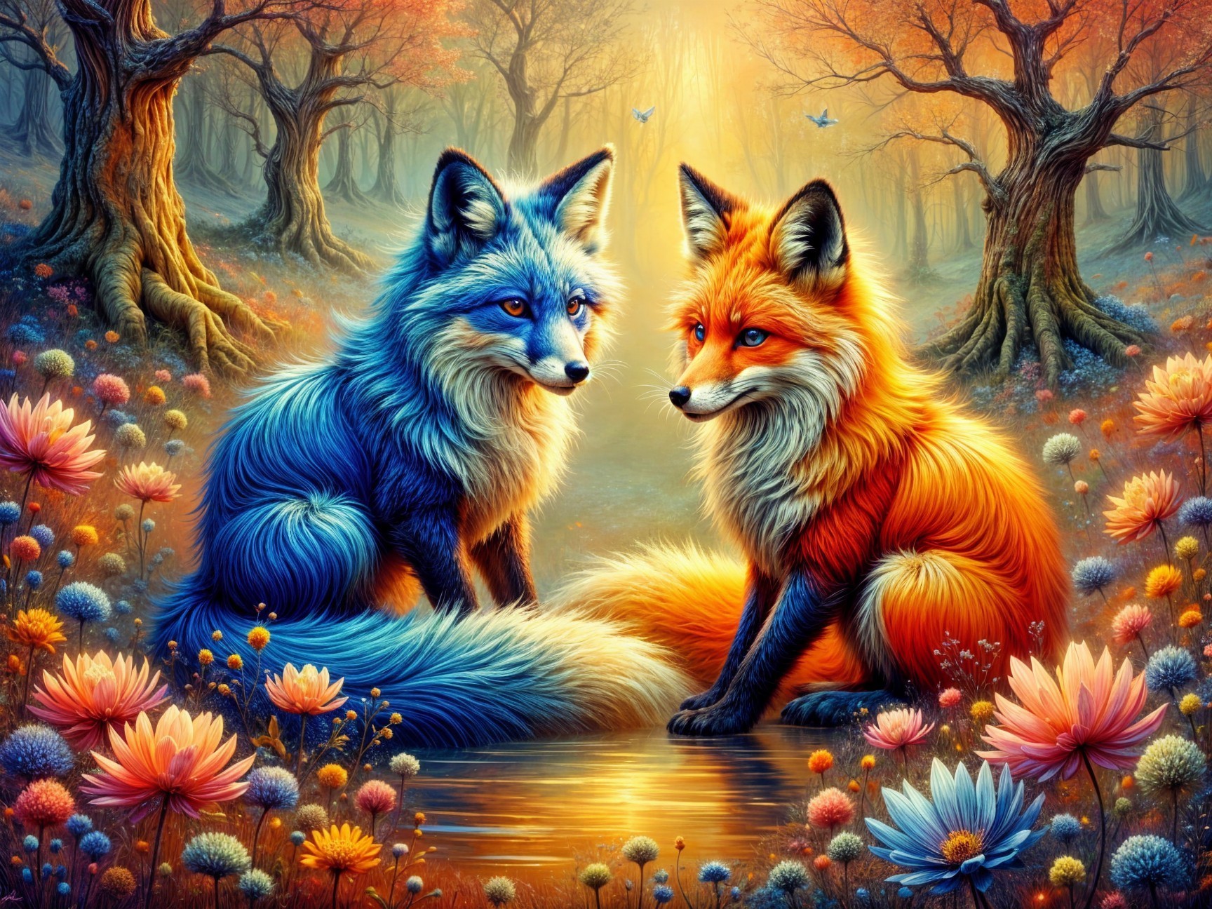 Fantastical Foxes by a Shimmering Pond in a Forest