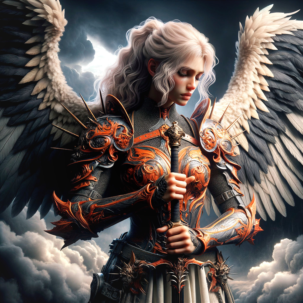 Female Angel Warrior in Dark Armor Amid Storm Clouds