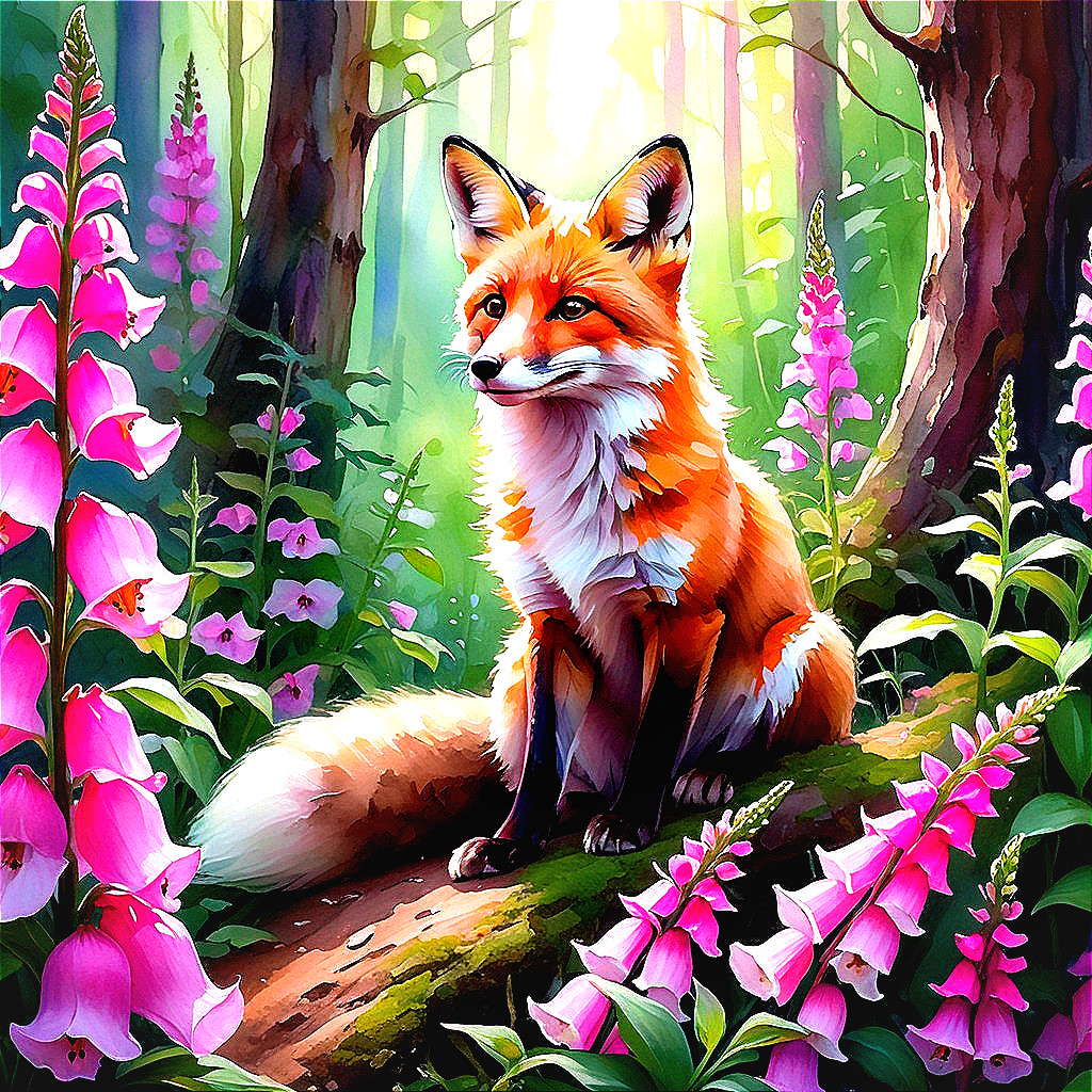 Red fox on mossy log in vibrant forest setting