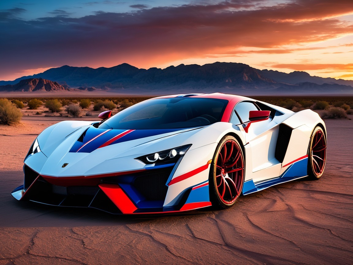 Supercar in Desert at Sunset with Bold Design