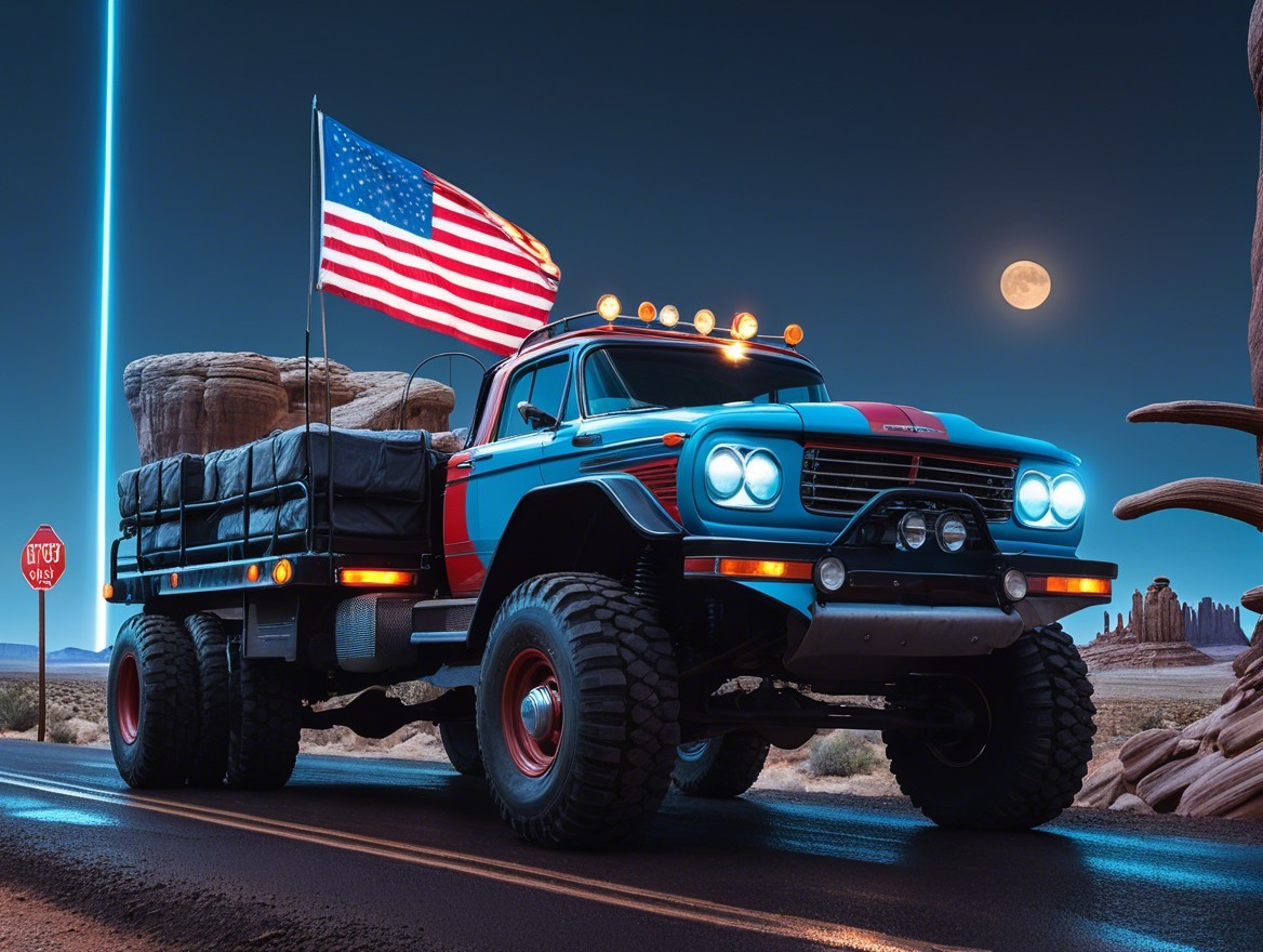 Vintage Truck with American Flag on Deserted Road