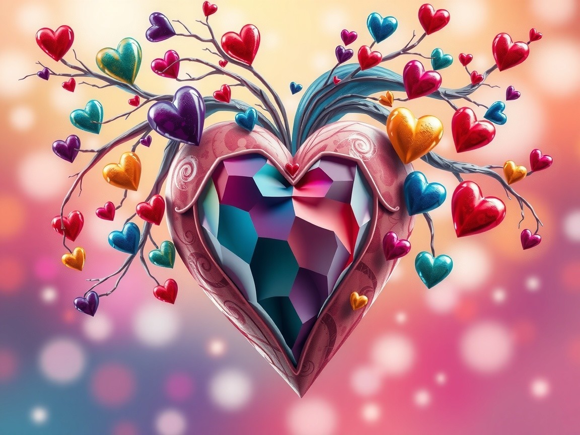 Geometric Heart Design with Colorful Branches and Bokeh