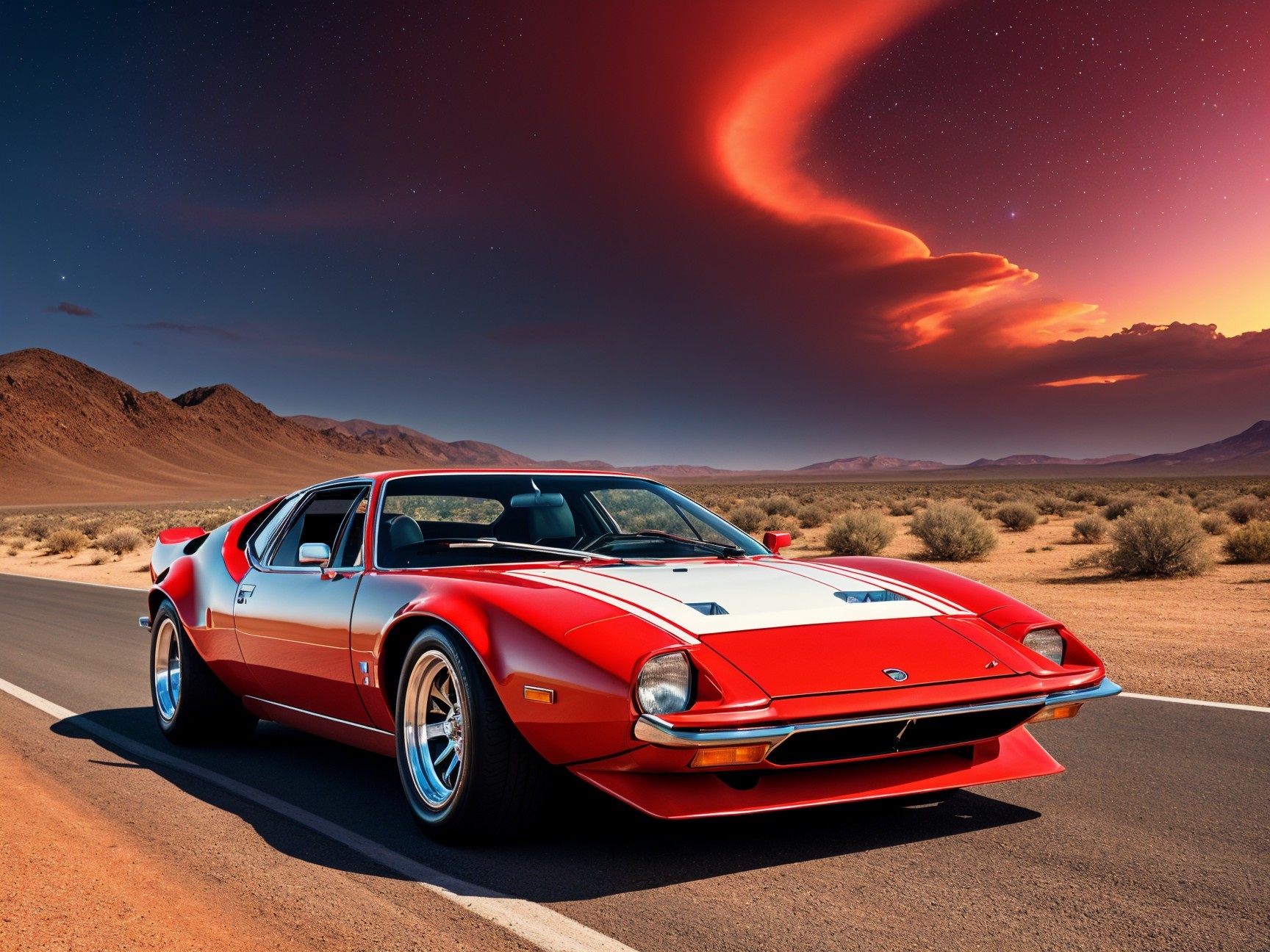 Red Sports Car on Desert Road at Sunset