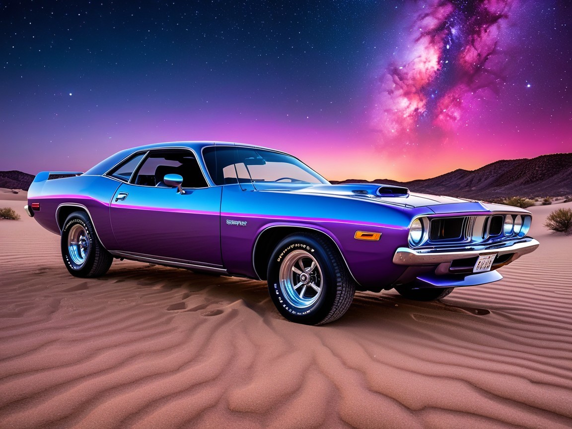 Classic Muscle Car in Purple on Sandy Dunes at Twilight