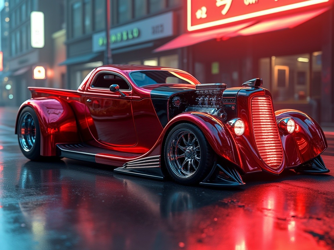 Vintage Pickup Truck with Glossy Red Finish and Accents