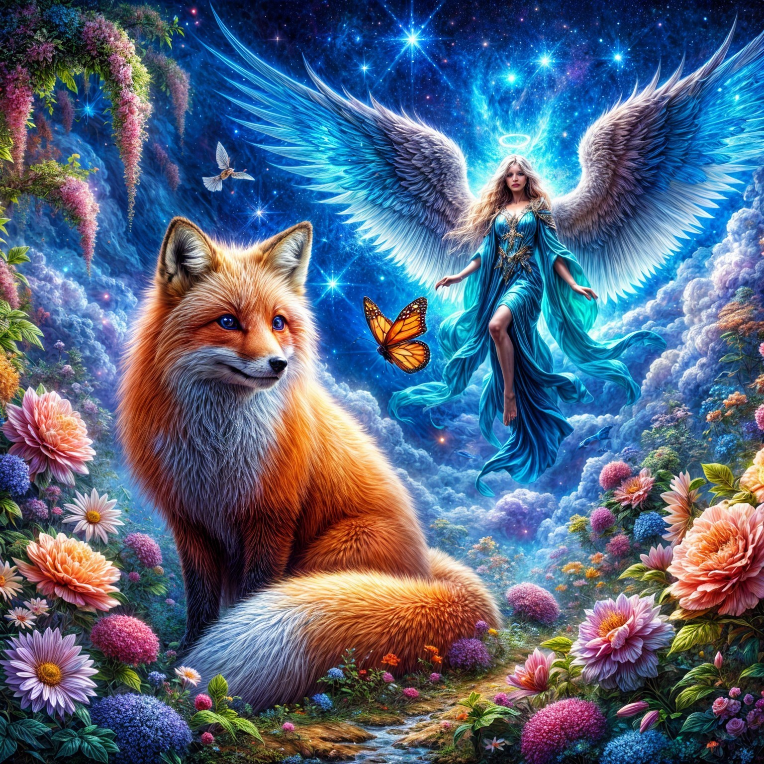 Majestic Fox and Angel in a Vibrant Landscape