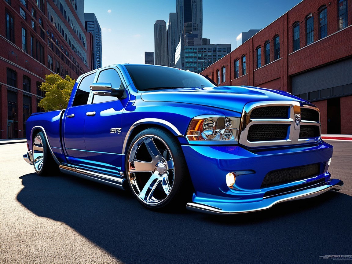 Blue Pickup Truck in Urban Setting with Modern Design
