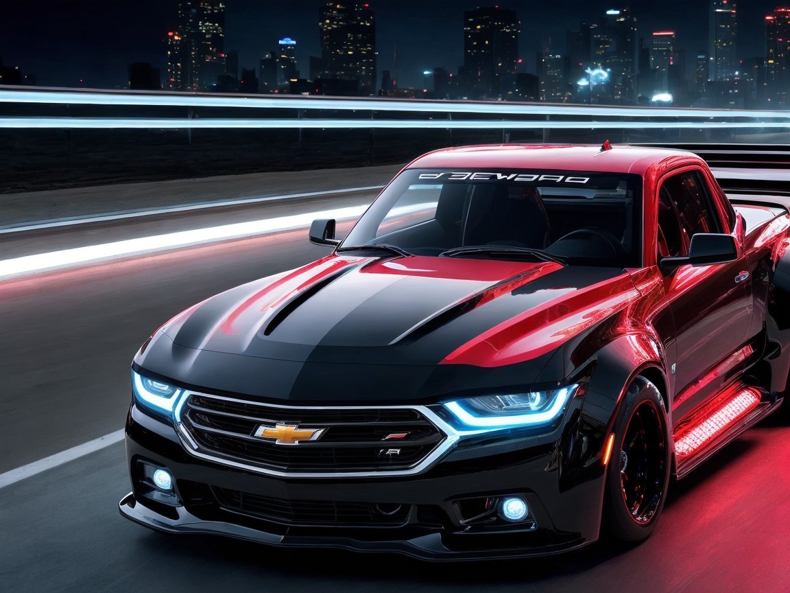 Sleek Black Chevrolet Truck Against City Night Skyline