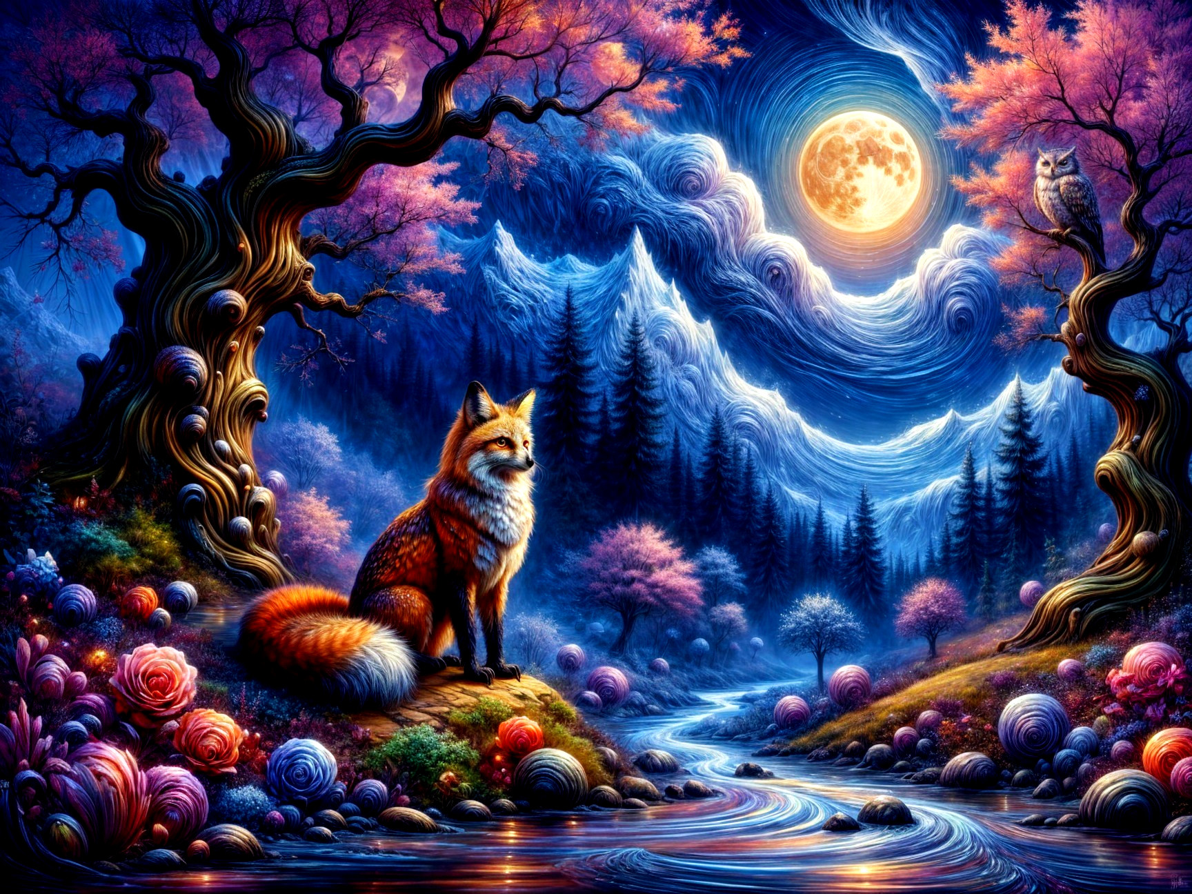 Majestic fox by shimmering river in vibrant night scene
