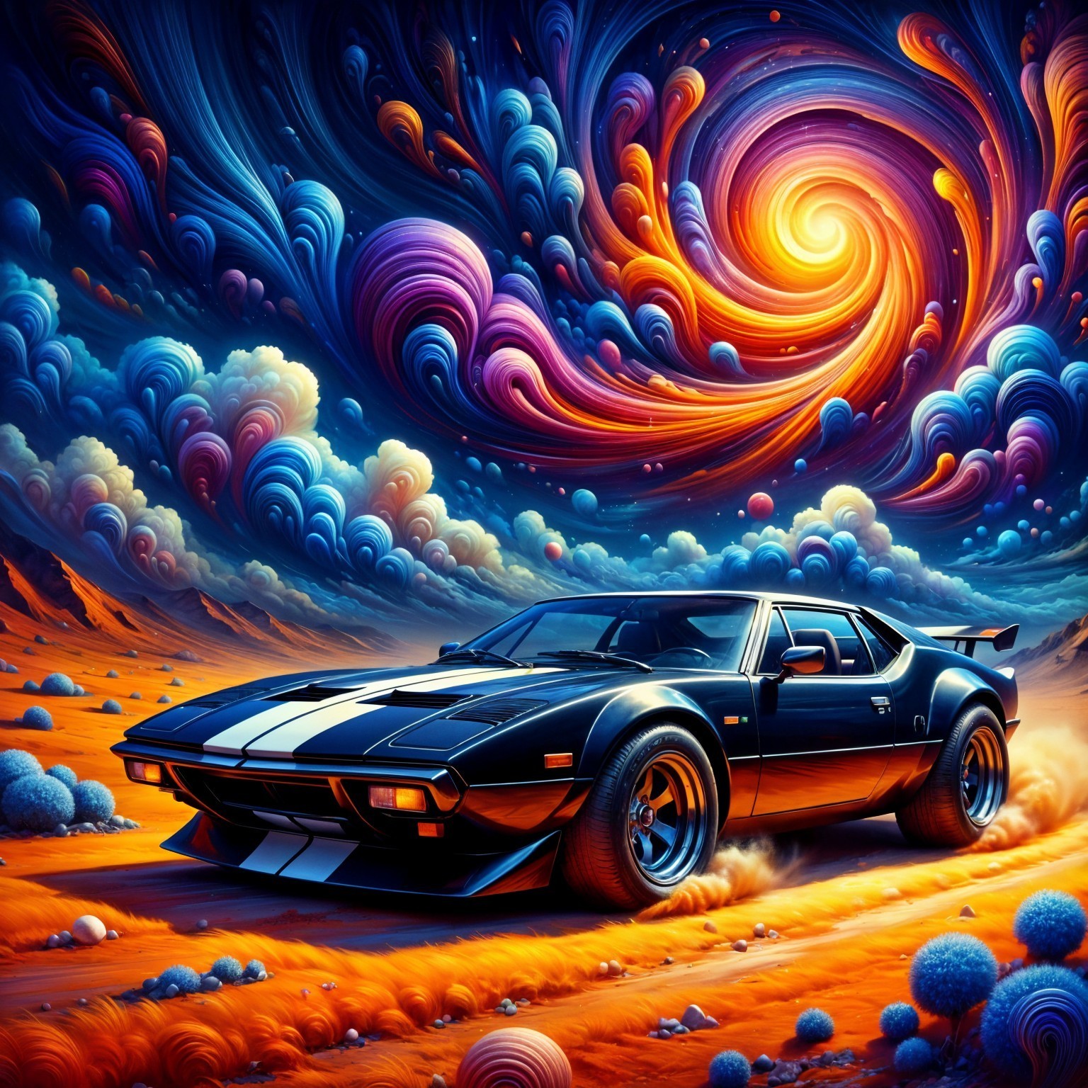 Sleek black sports car in vibrant cosmic landscape