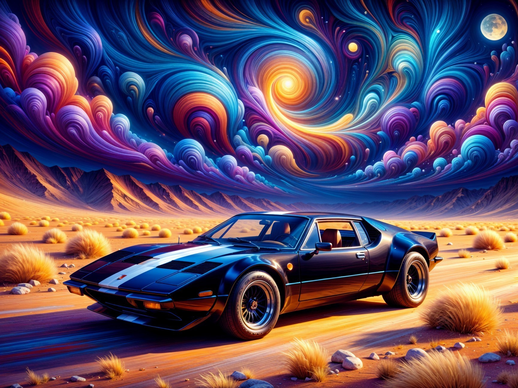 Black sports car in vibrant desert with cosmic sky