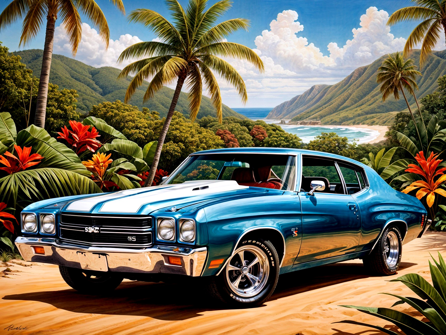 Blue Muscle Car on Beach with Tropical Foliage