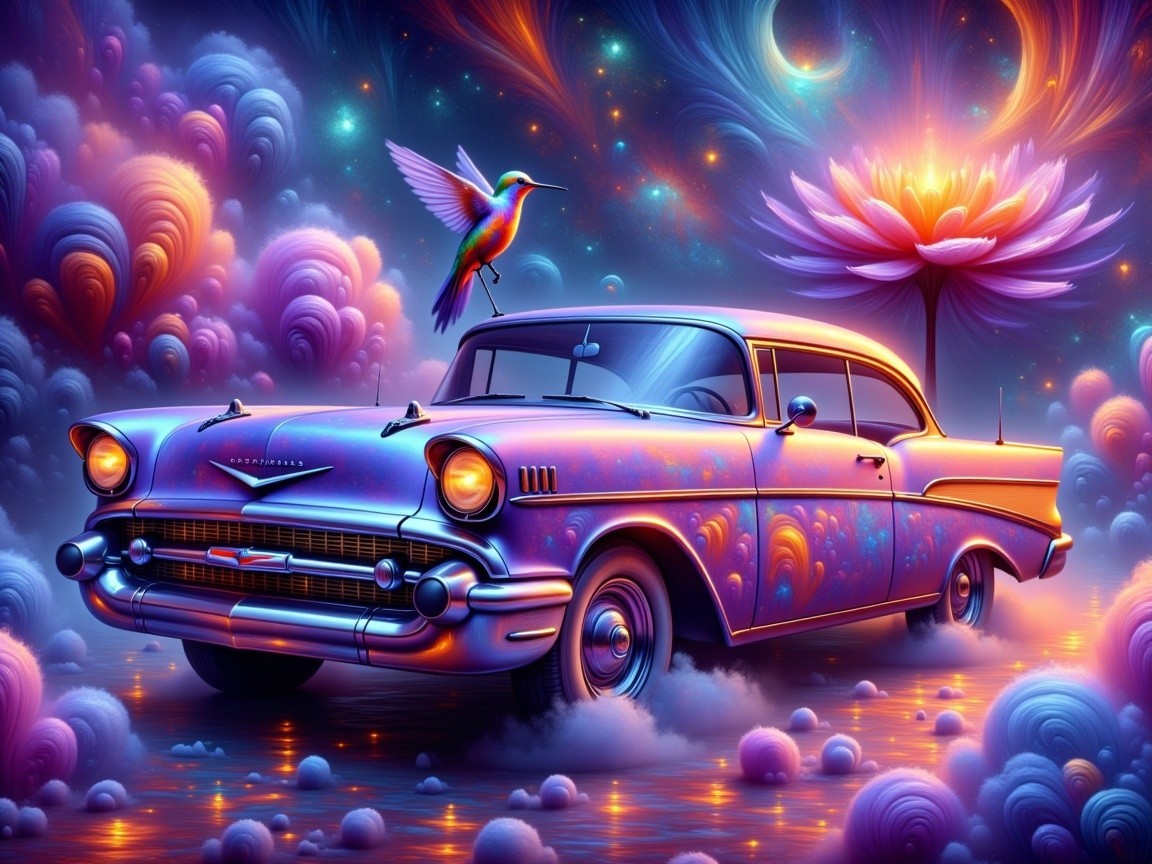 1950s Retro Car in Surreal Colorful Landscape