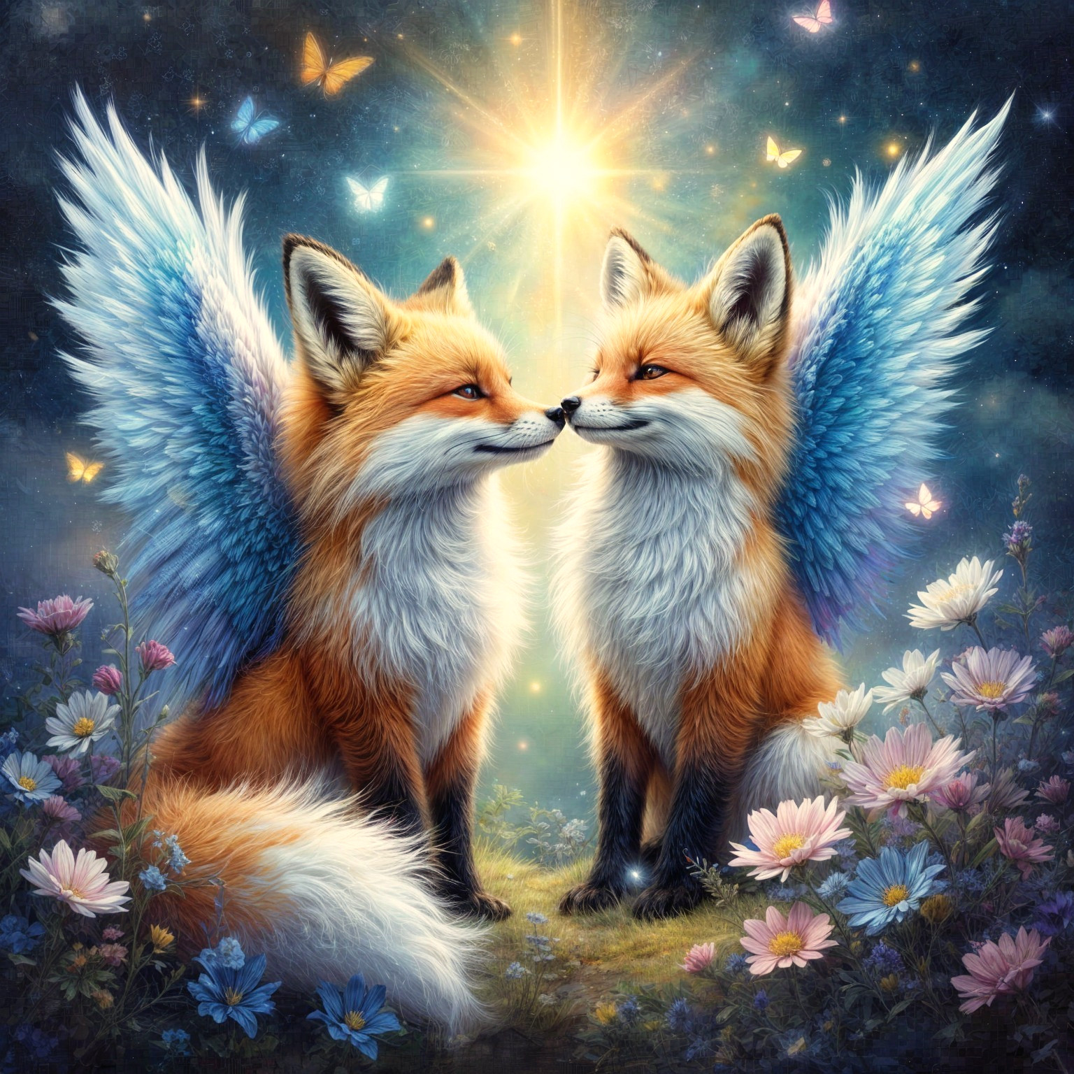 Foxes with wings in a colorful meadow setting