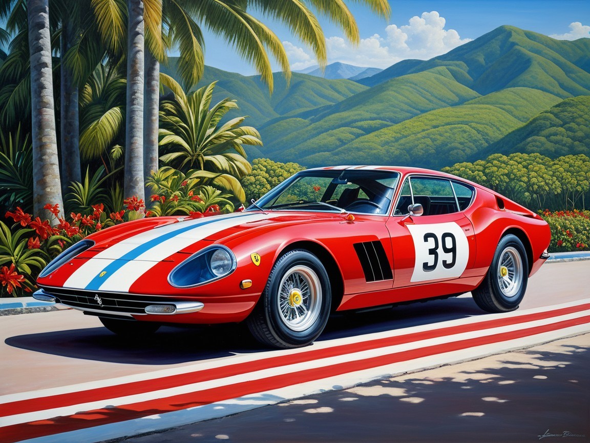 Retro Illustration of a Red Sports Car with Mountains
