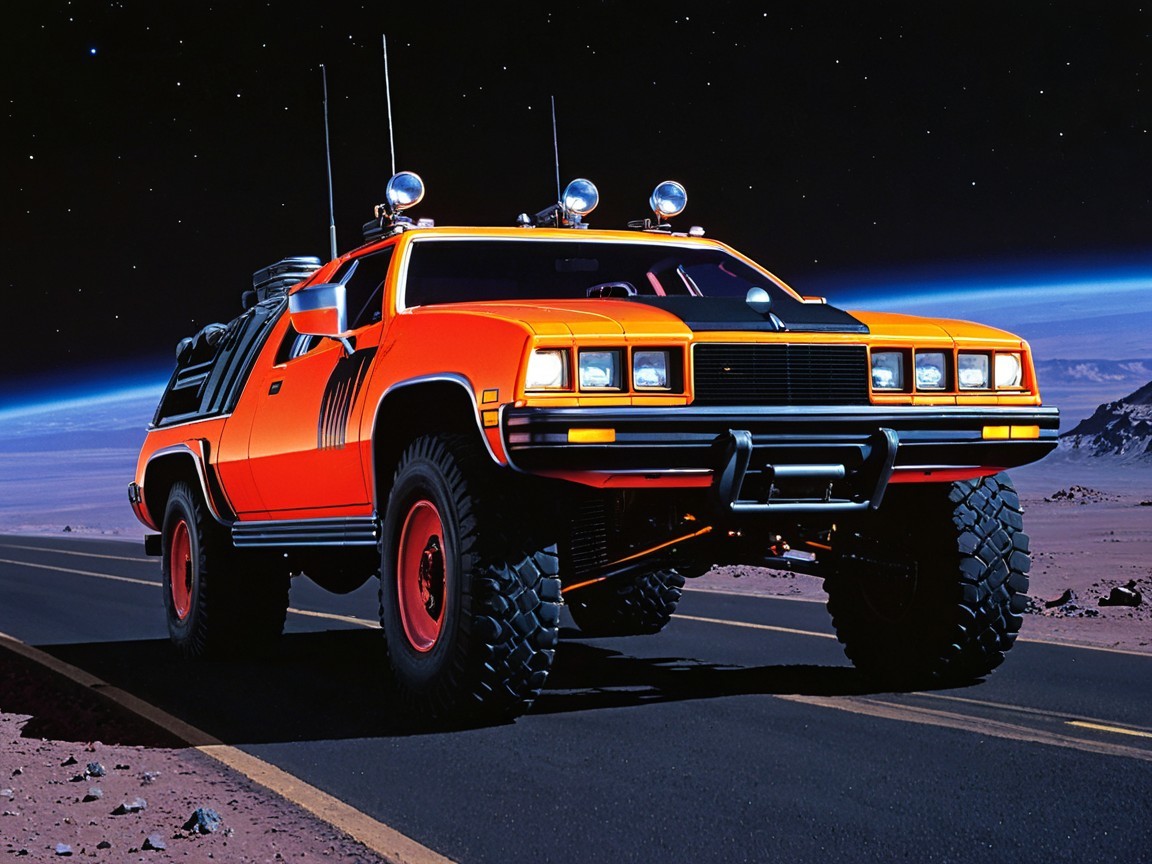 Futuristic Orange Vehicle on Cosmic Landscape