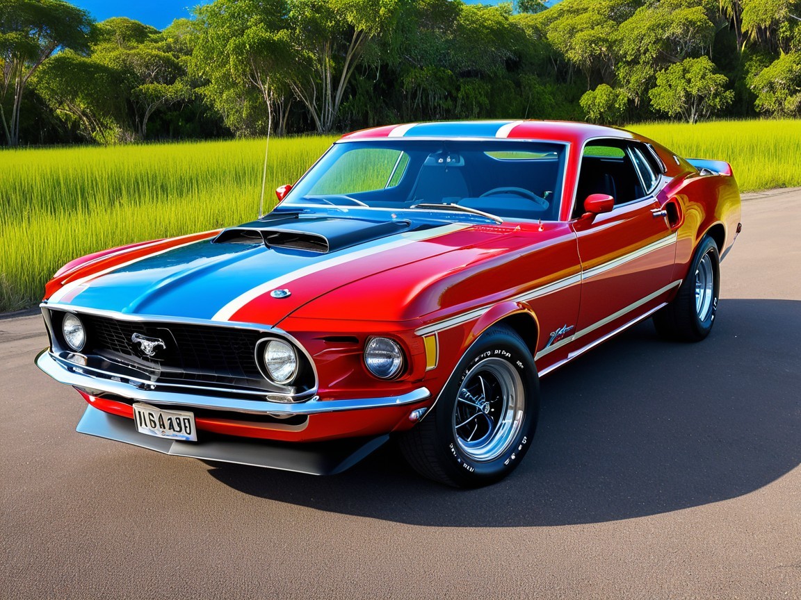 1970 Ford Mustang with Red Exterior and Blue Stripes