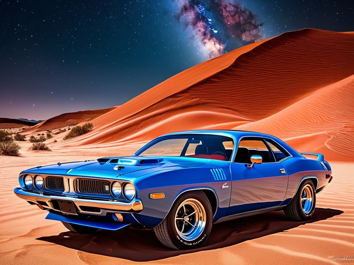 Classic Muscle Car in Desert at Night Sky