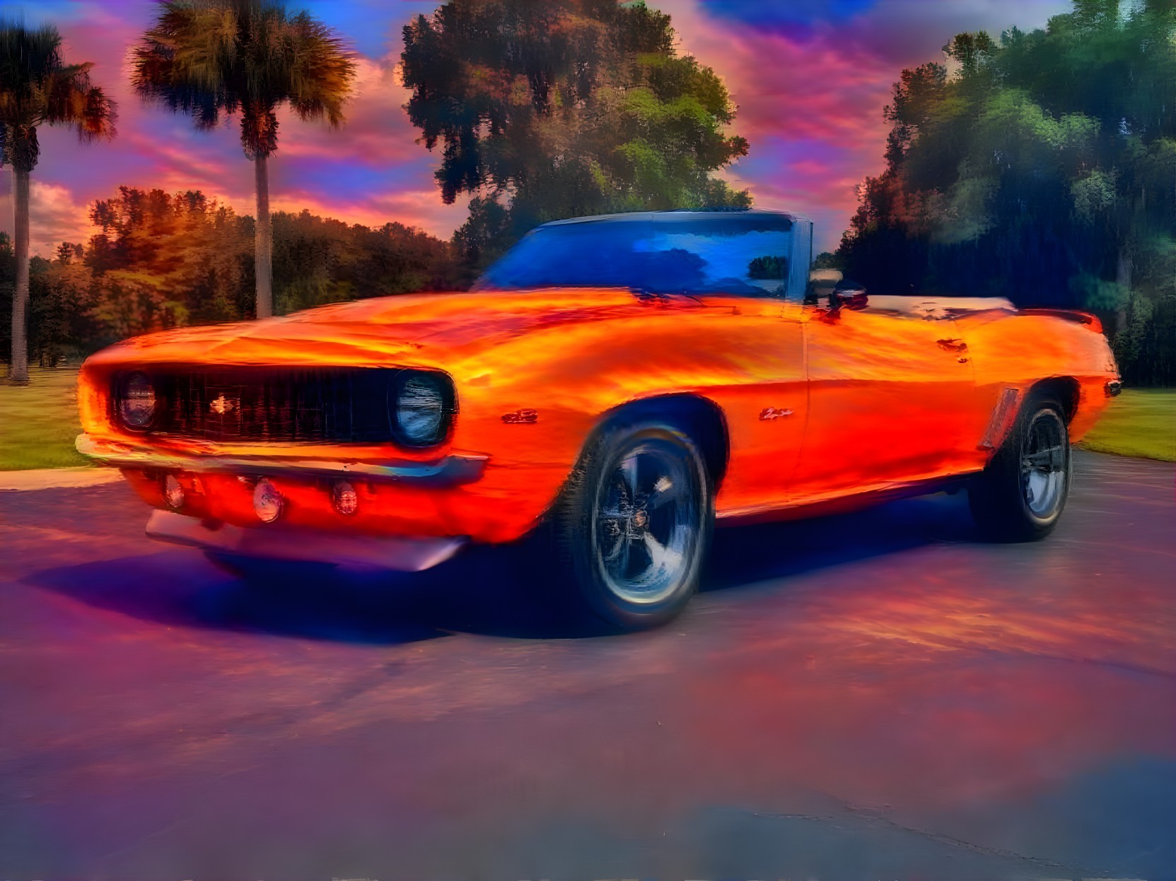 Vibrant Orange Convertible Car in Scenic Driveway Setting