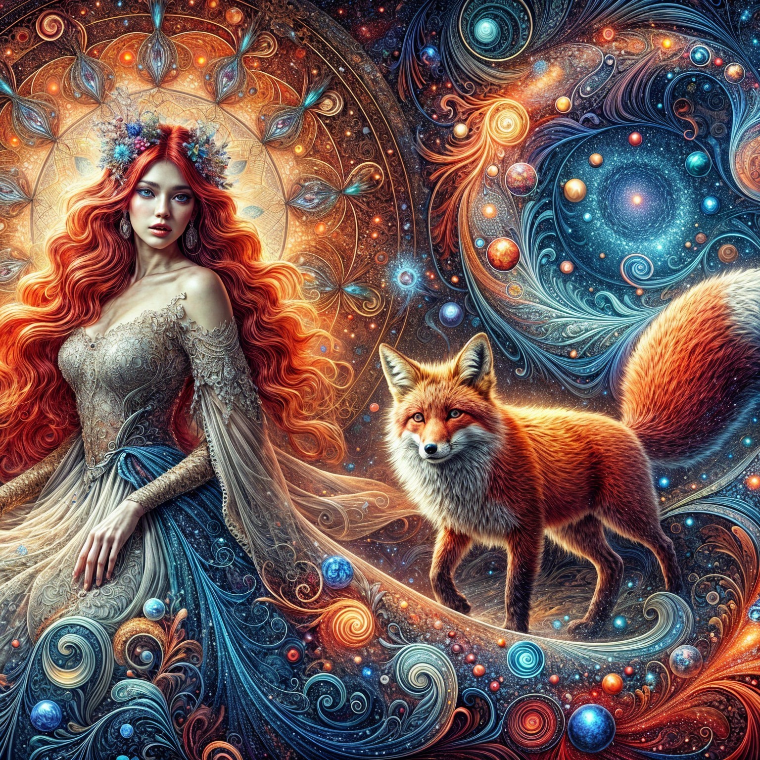 Mystical Scene of Woman and Fox in Cosmic Landscape
