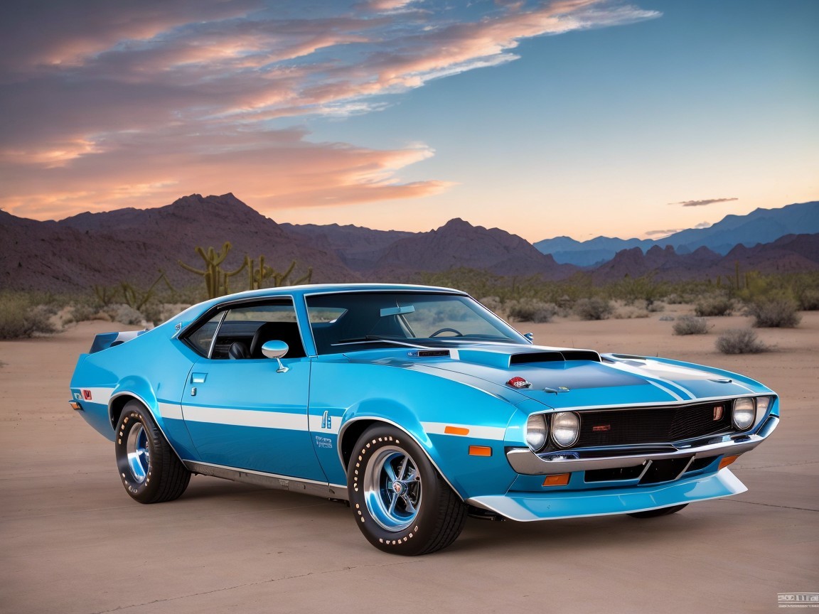 Classic Blue Muscle Car in Desert Sunset Setting