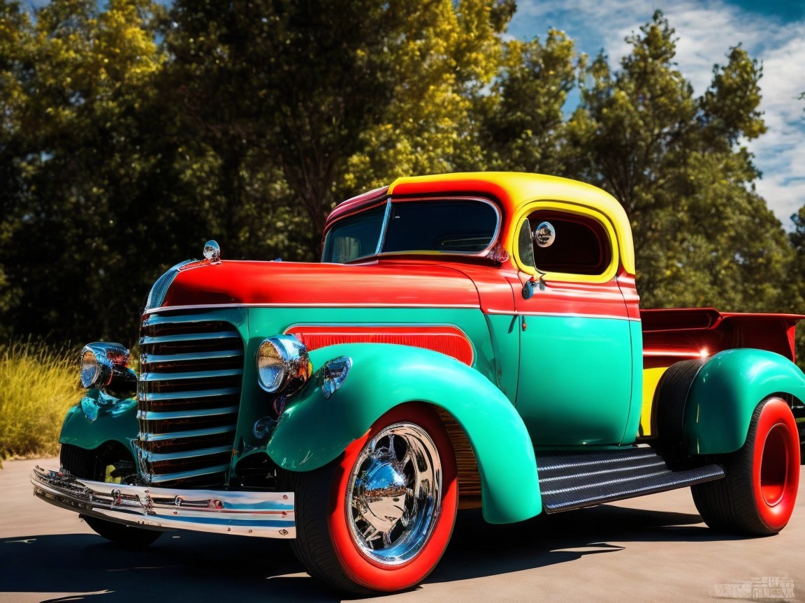 Vibrant Classic Truck with Two-Tone Red and Turquoise Paint