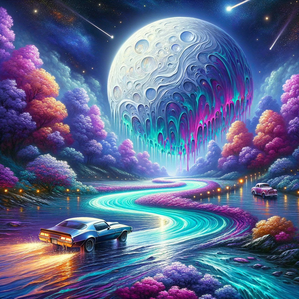 Surreal Landscape with Colorful River and Vintage Cars