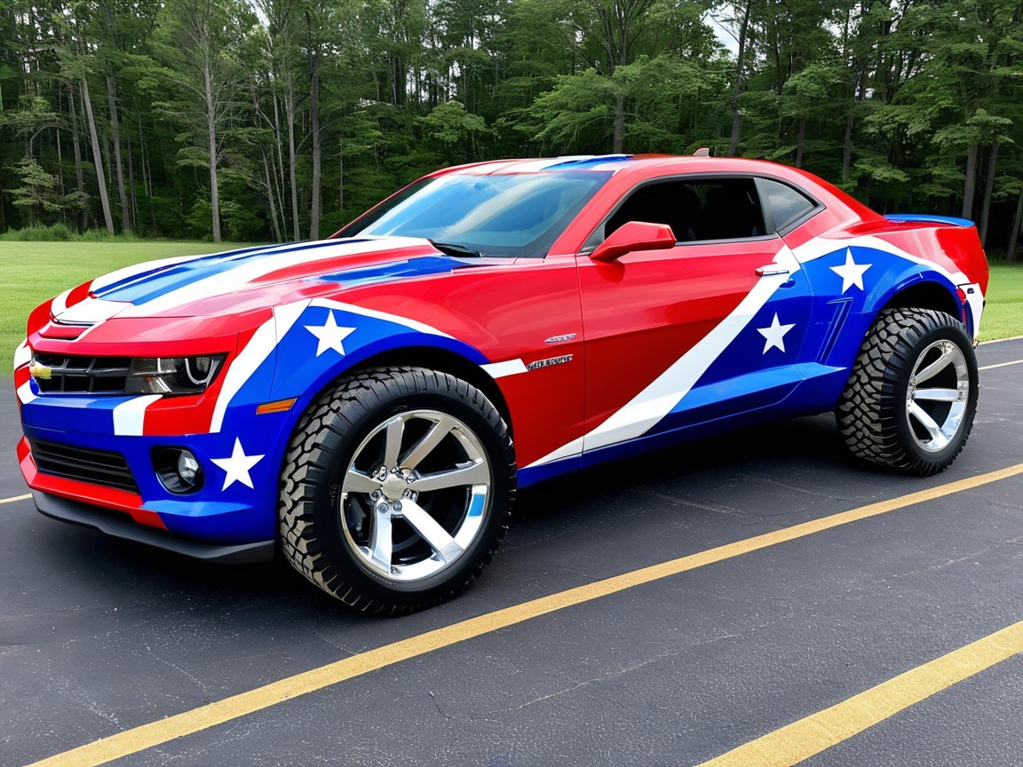 Modified Chevrolet Camaro with Patriotic Design and Tires