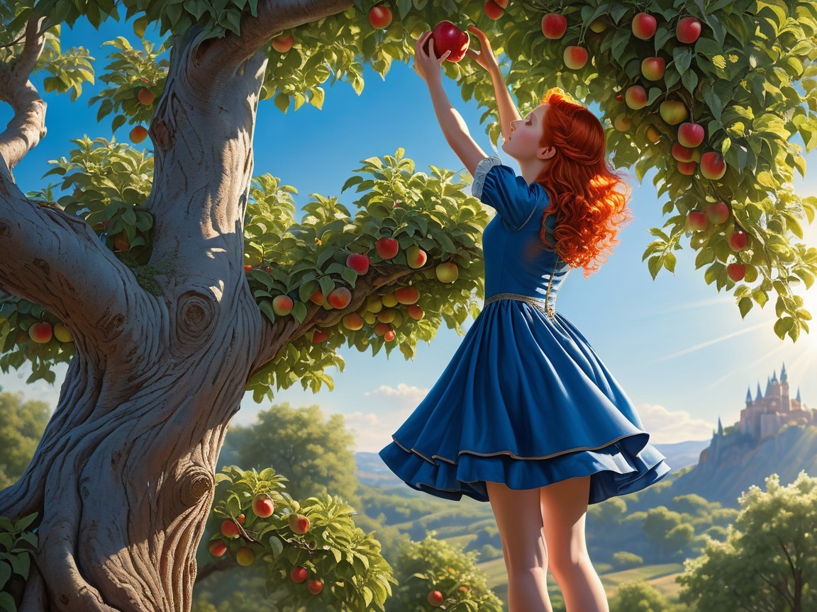 Young girl with red hair reaching for apple in tree