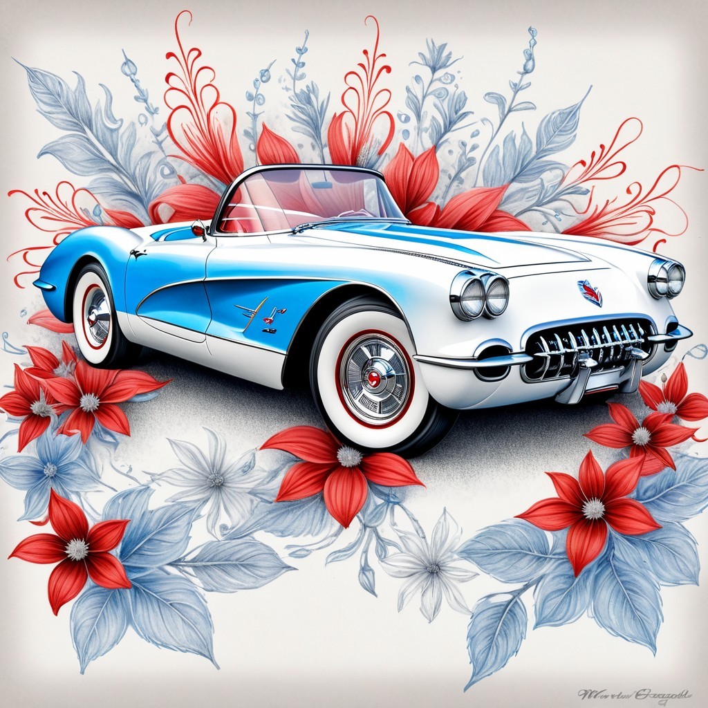 Vintage Convertible Car with Floral Background