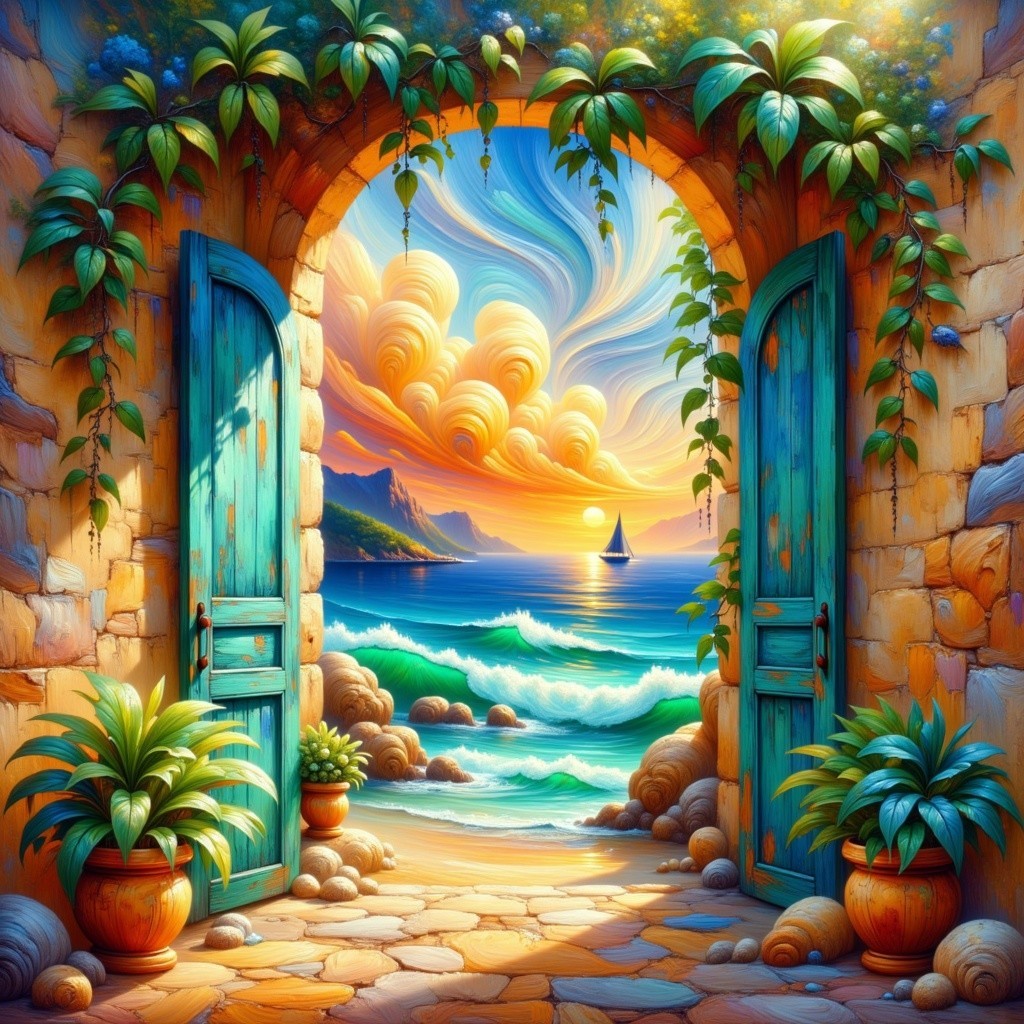 Serene Archway with Vibrant Blue Doors and Seascape