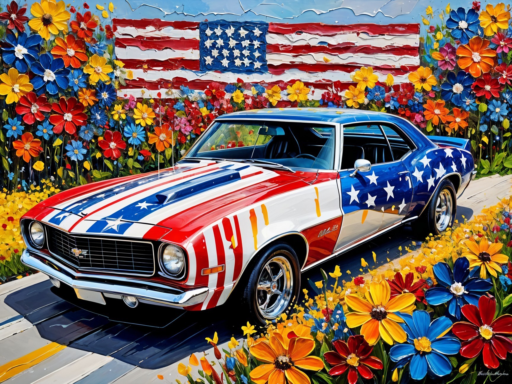 Vintage Car with American Flag Paint Job Among Flowers