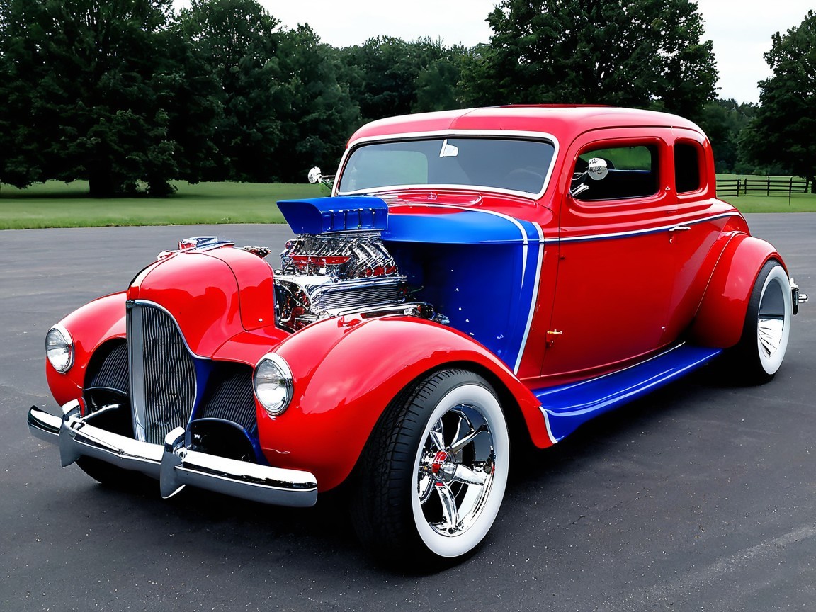 1930s Coupe with Red and Blue Paint and Chrome Grille