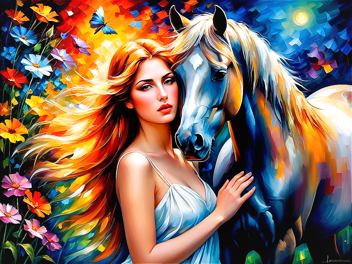 Vibrant Stained Glass Painting of a Woman and Horse