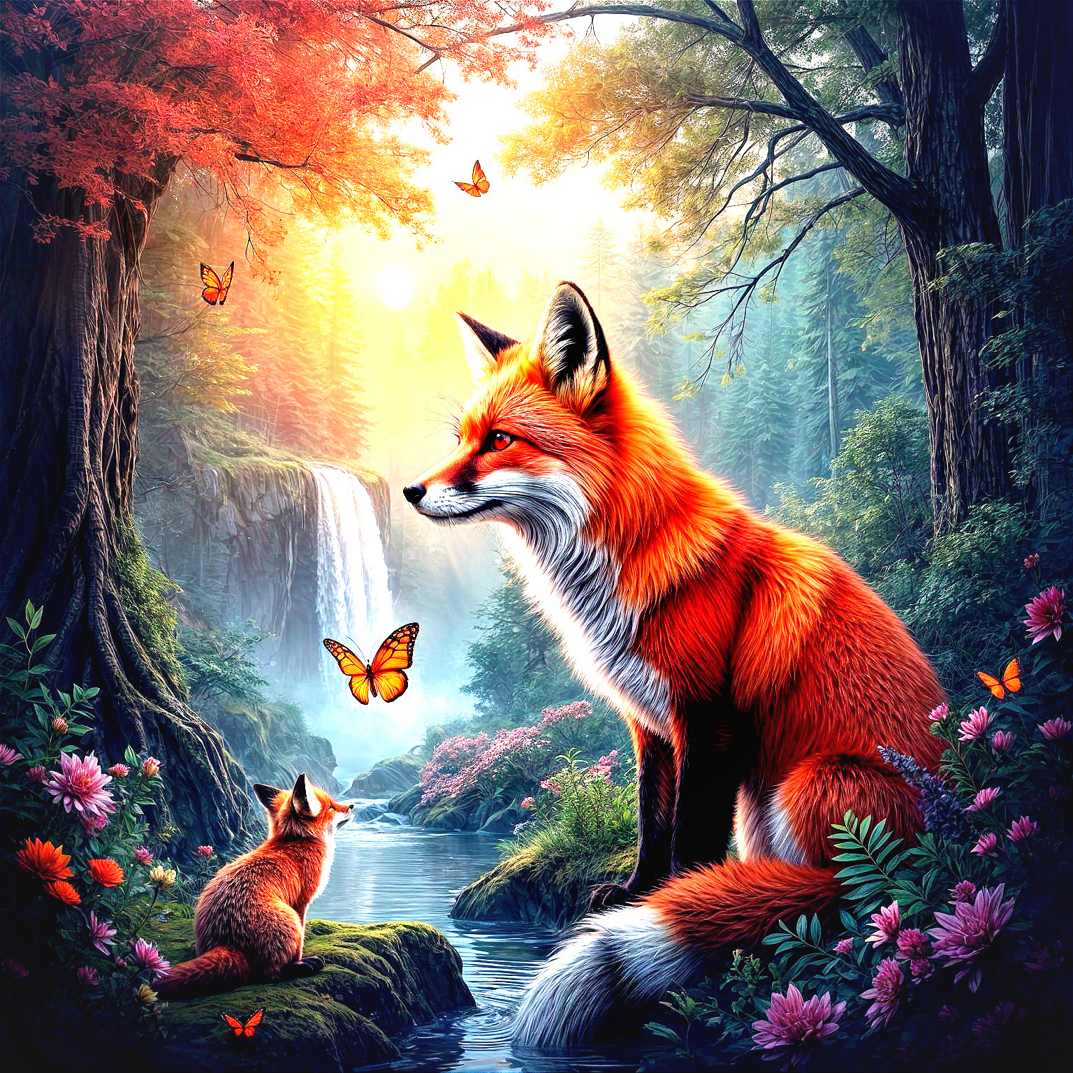 Digital Painting of Fox and Cub in Enchanted Forest